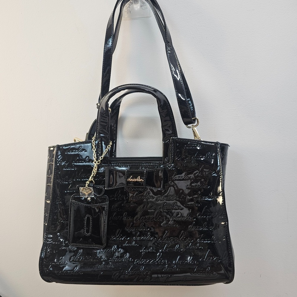 Y2K Glossy Leather Satchel Goth Glam Black Tote Bag 2Way DAZZLIN Embossed JAPAN